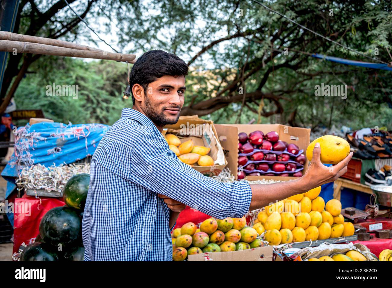 Giovane uomo in possesso di frutta fresca per mostrare la macchina fotografica a un carrello di frutta all'aperto che vende prodotti freschi; Greater Noida, Uttar Pradesh, India Foto Stock
