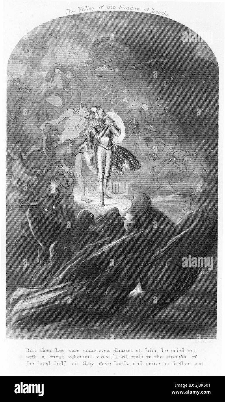 Varie scene del progresso di Pilgrim di John Bunyan, che mostrano Cristiano nella valle dell'ombra della morte, da una pubblicazione del 19th secolo Foto Stock