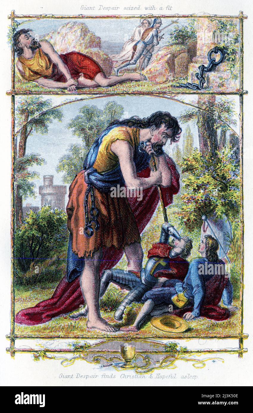 Varie scene del progresso di Pilgrim di John Bunyan, che mostrano la disperazione cristiana e Gigante, da una pubblicazione del 19th secolo Foto Stock