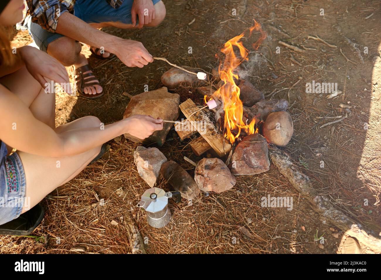 Theyre quasi pronto. Scatto corto di due campisti che arrostire marshmallows su un fuoco. Foto Stock