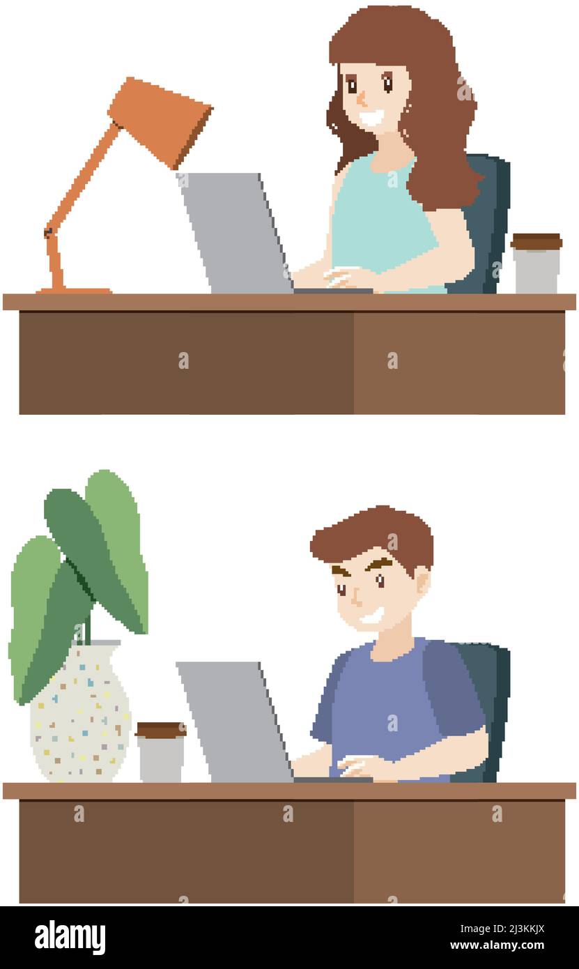 Impostare le persone che lavorano utilizzando il notebook disegno piatto Illustrazione Vettoriale