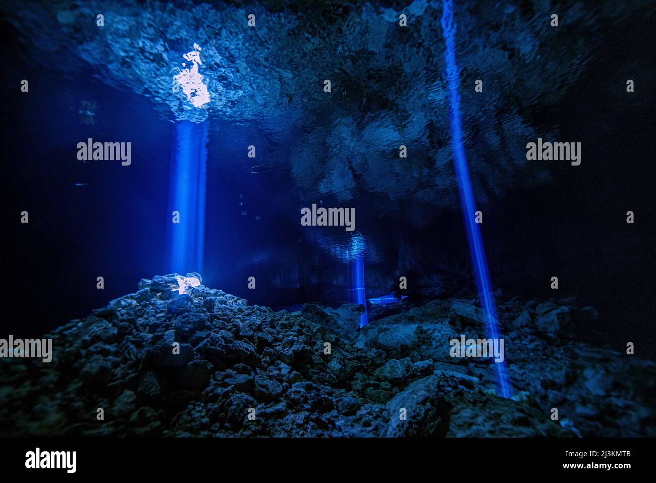 I raggi di luce passano attraverso i fori nel soffitto della caverna in un sistema di caverna subacquea. Foto Stock