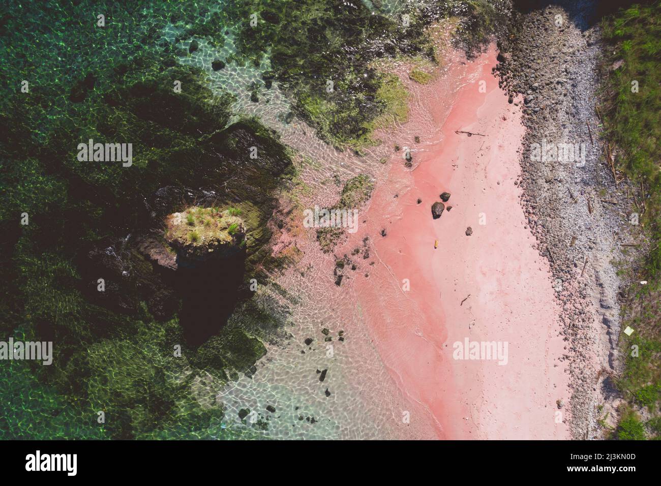 Vista direttamente sopra una spiaggia di sabbia rosa lungo la riva dell'Isola di Padar nel Parco Nazionale di Komodo Foto Stock