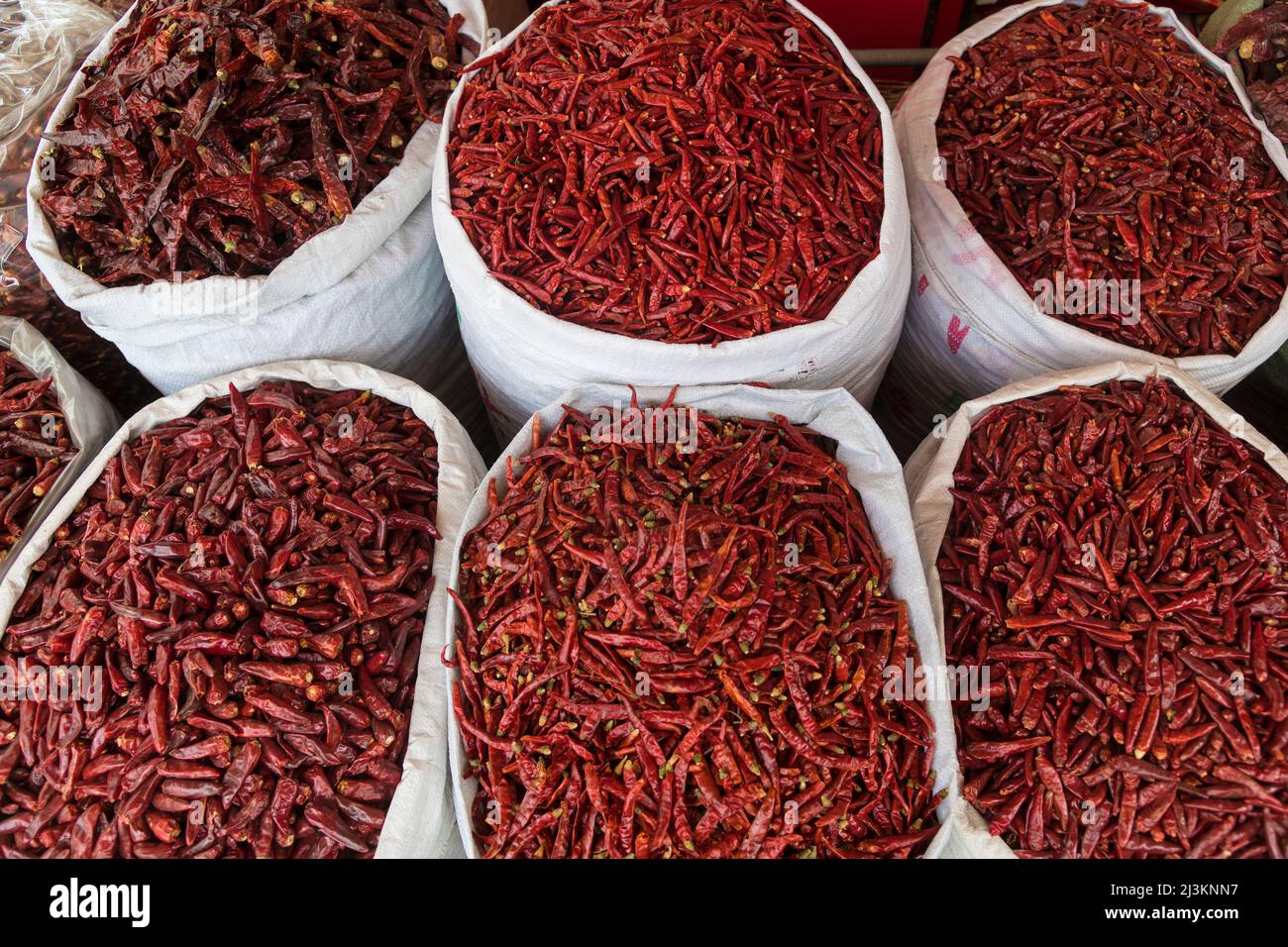 Sacchi di peperoncini rossi (Capsicum) in vendita nel mercato di Chengdu; Sichuan, Cina Foto Stock