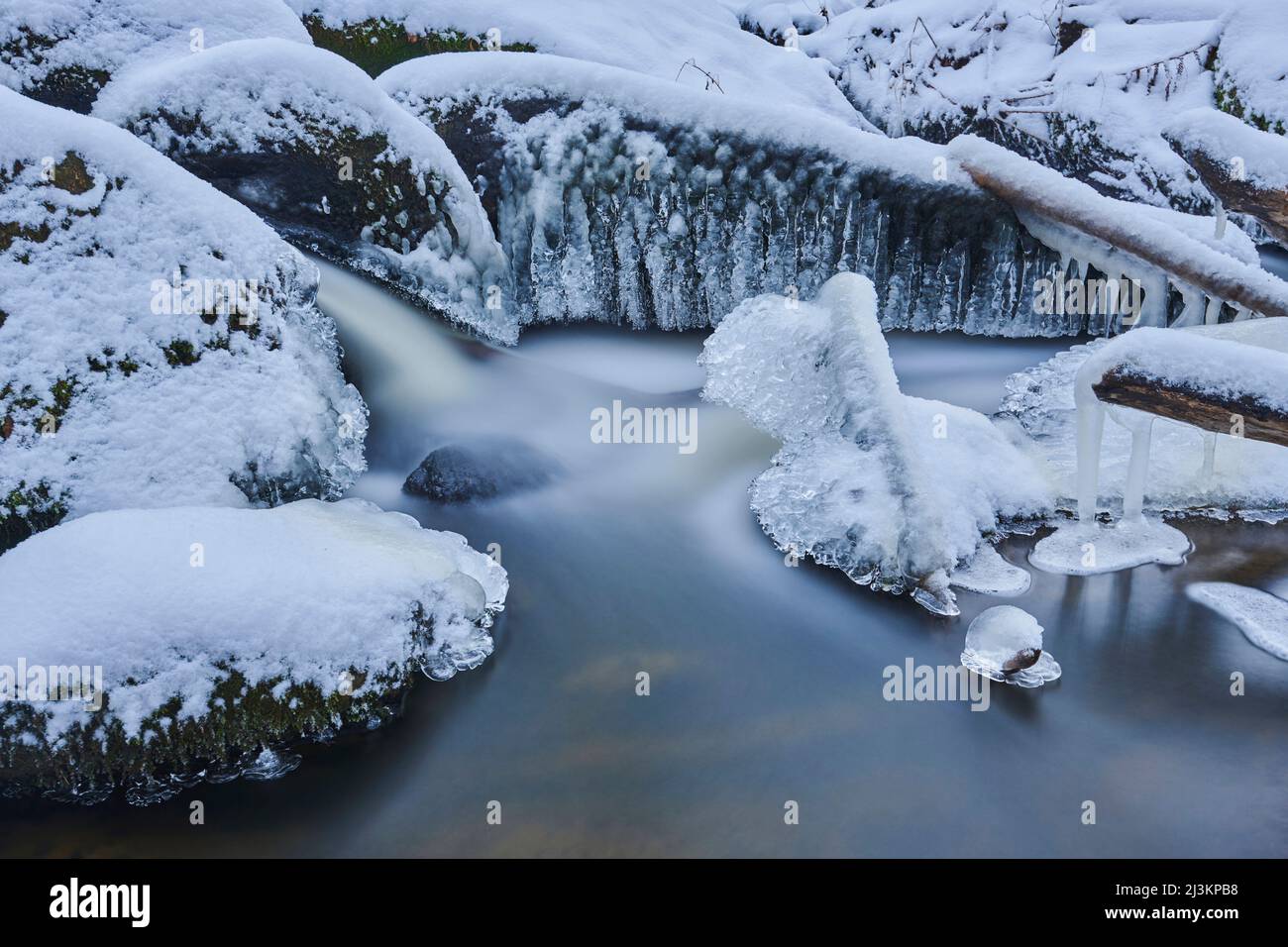 Dettagli su ghiaccio e neve in un ruscello che scorre attraverso una foresta innevata nella Riserva Naturale dell'Inferno, Foresta Bavarese; Palatinato superiore, Baviera, Germania Foto Stock