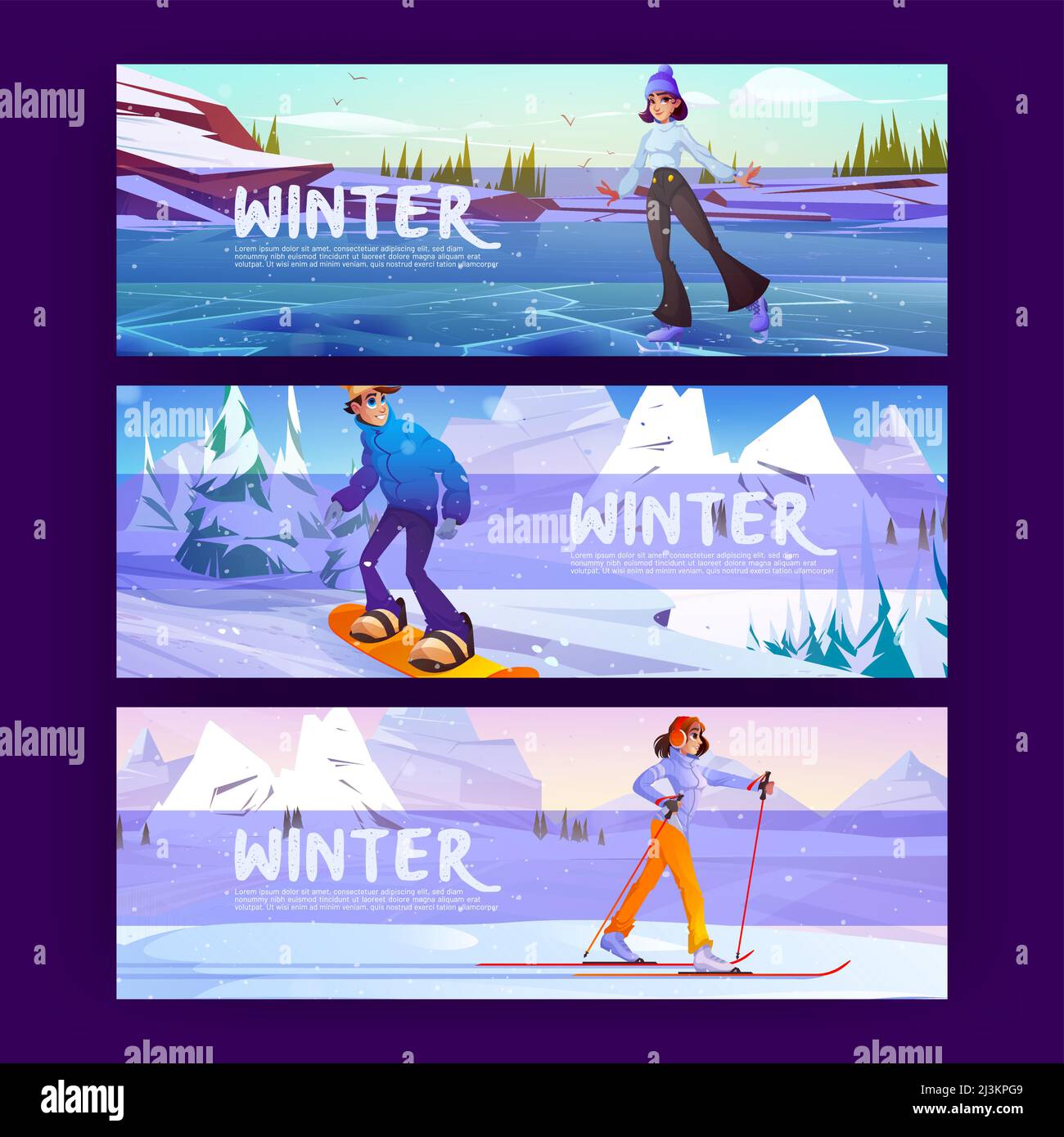 Poster invernali con persone che si cavalcano su snowboard, sci e skate. Banner vettoriali di attività sportive stagionali con cartoon illustrazione di paesaggio di neve wi Illustrazione Vettoriale