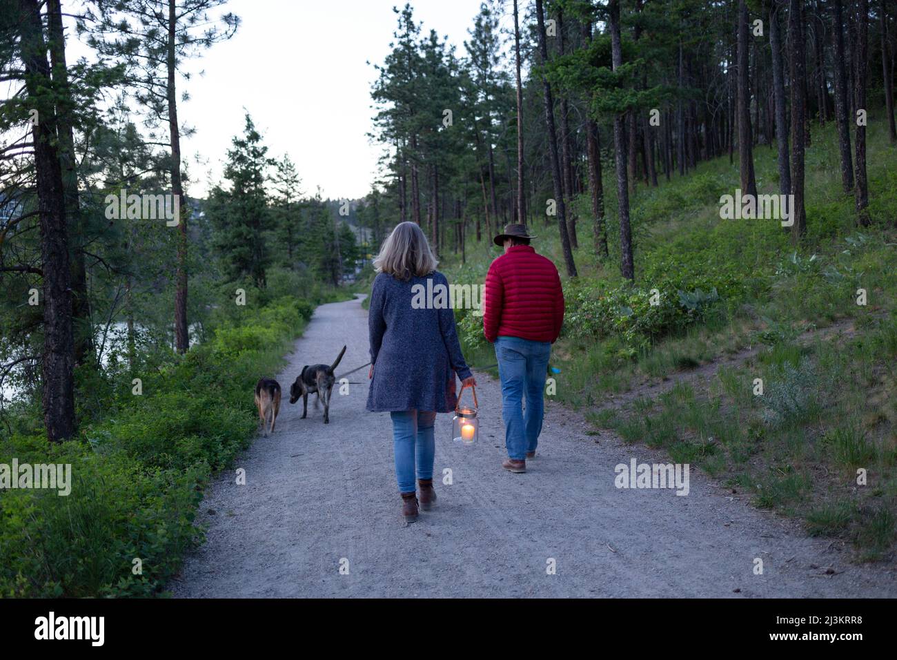 Marito e moglie godono di una passeggiata su un sentiero intorno ad un laghetto al crepuscolo con i loro due cani; Kelowna, British Columbia, Canada Foto Stock