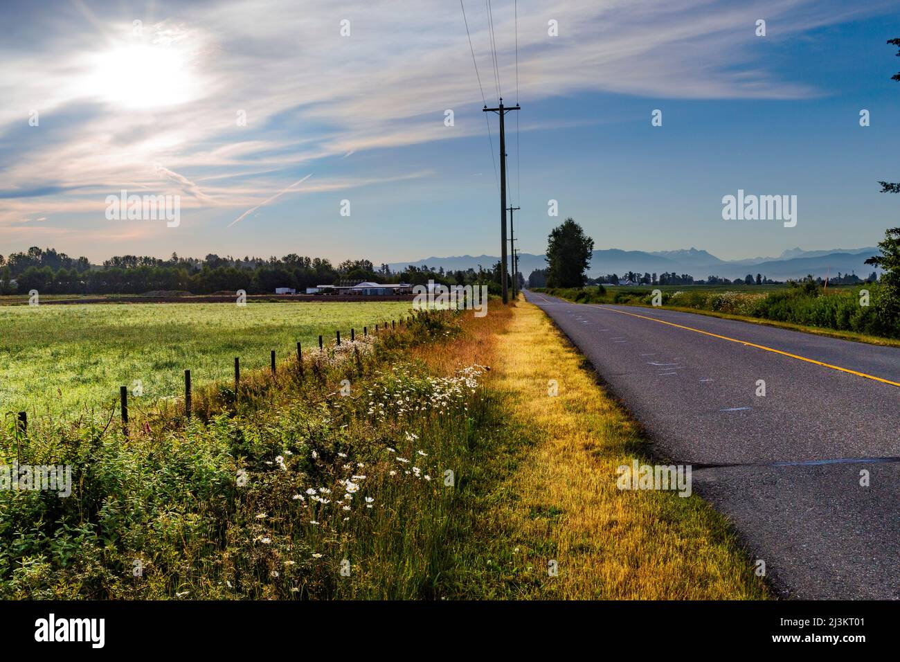 Strada attraverso la campagna a Surrey, BC alla periferia di Metro Vancouver; Surrey, British Columbia, Canada Foto Stock