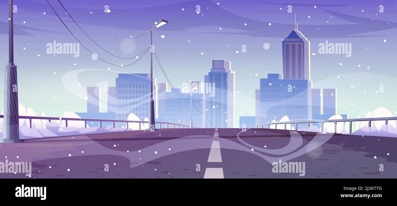 Cavalcavia auto per la città in inverno. Vettore cartoon illustrazione di paesaggio urbano, ponte autostradale con ringhiere, luci di strada e neve, casa edifici a Illustrazione Vettoriale