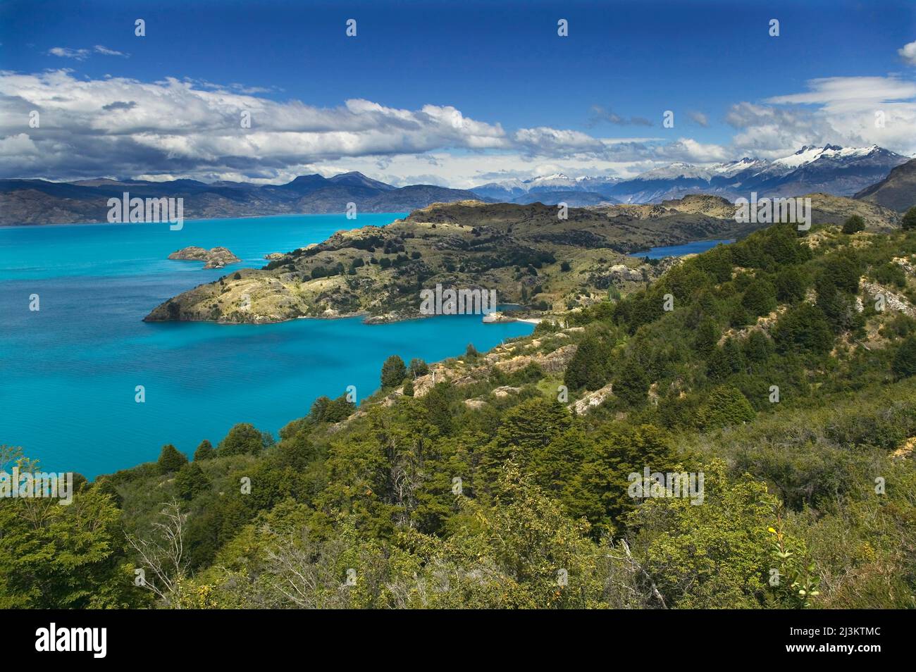 Vista sul Lago generale Carrera verso le montagne e i ghiacciai del campo de Hielo Norte, vicino a Puerto Rio Tranquilo lungo Carretera Austral in Cile Foto Stock