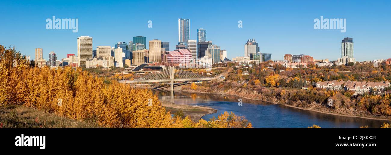 Skyline del centro di Edmonton con il Nord Saskatchewan fiume e colori autunnali, e l'Edmonton Valley Light Rail Tahatina Bridge attraversando ... Foto Stock
