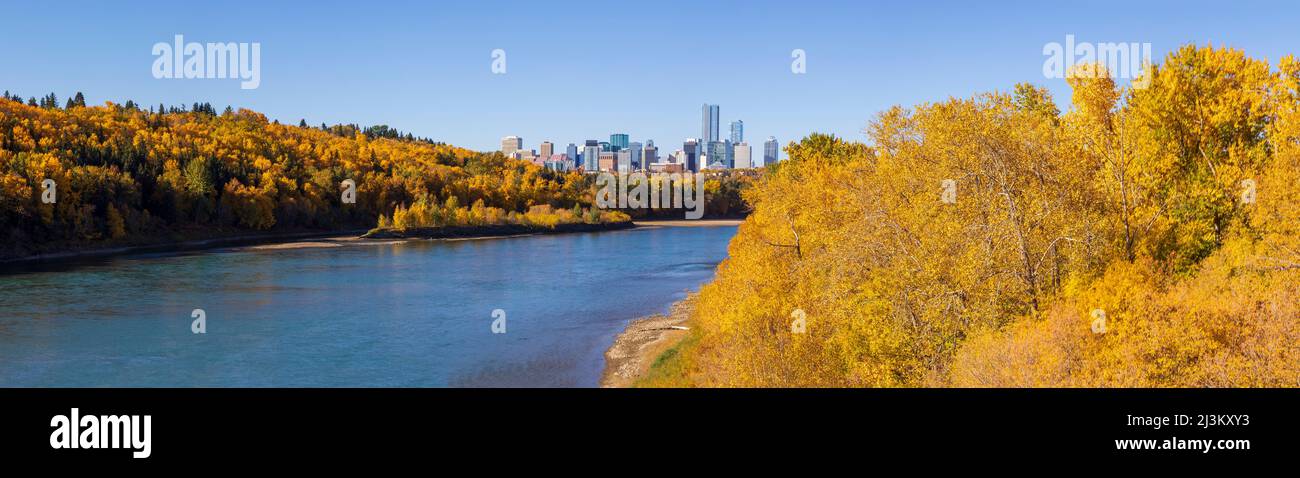 Vista dello skyline del centro di Edmonton e dei colori autunnali della valle del fiume lungo il fiume North Saskatchewan; Edmonton, Alberta, Canada Foto Stock