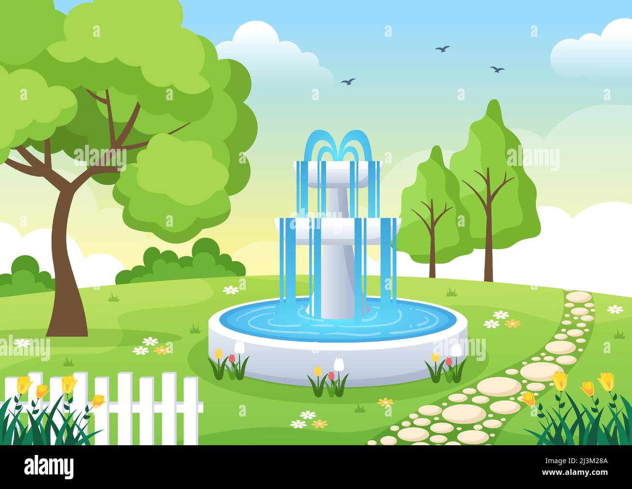 Bellissimo giardino Cartoon sfondo Illustrazione con Un paesaggio natura di pianta, fiori, albero e erba verde in stile Flat Design Illustrazione Vettoriale