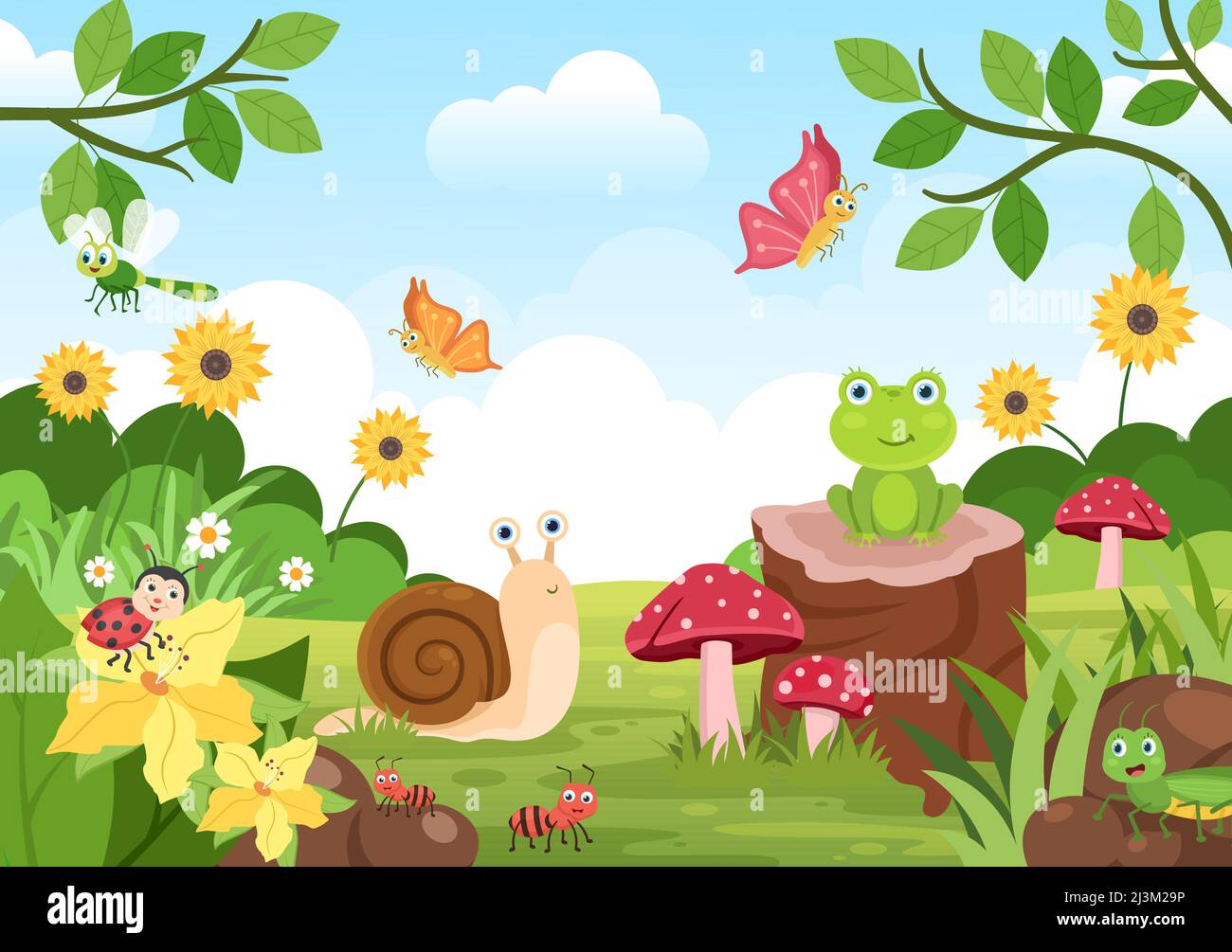 Bellissimo giardino Cartoon sfondo Illustrazione con paesaggio natura di piante, vari animali, Fiori, albero e erba verde in stile Flat Design Illustrazione Vettoriale