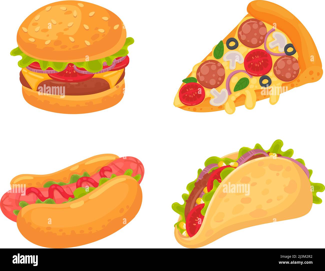 Cartoon fast food pasto. Pizza con salame, funghi e pomodoro, hamburger con carne alla griglia e verdure Illustrazione Vettoriale