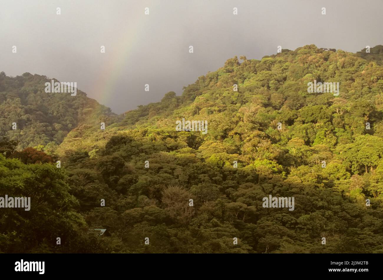 Nuvole e un arcobaleno sulla foresta pluviale di Monteverde; Riserva della Foresta nuvolosa di Monteverde, Costa Rica. Foto Stock