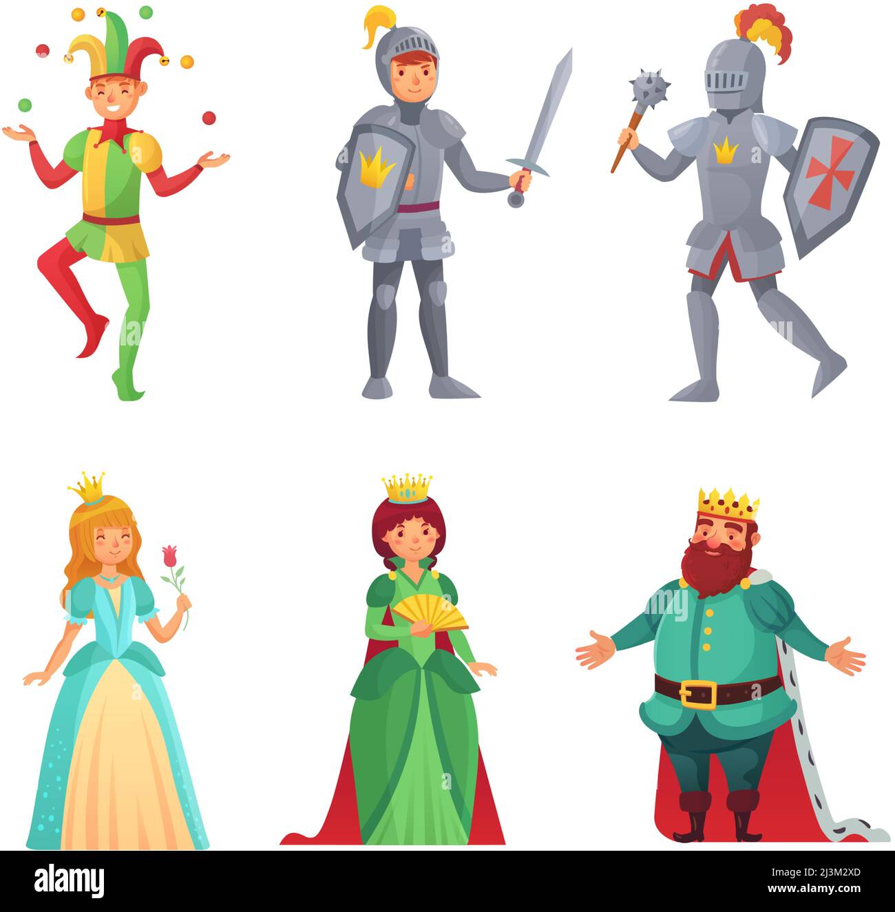 Personaggi fiabeschi. Storico popolo medievale, re e regina, principessa e cavaliere, jester. Donna e uomo di mezza età Illustrazione Vettoriale