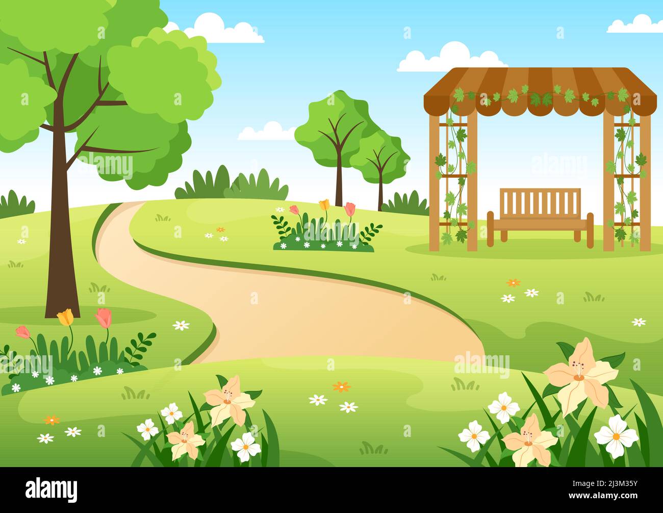 Bellissimo giardino Cartoon sfondo Illustrazione con Un paesaggio natura di pianta, fiori, albero e erba verde in stile Flat Design Illustrazione Vettoriale