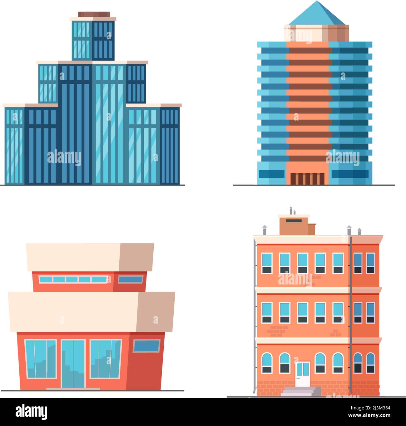 Cartoni animati uffici città edifici, moderni grattacieli, torri e case con appartamenti. Architettura di città d'affari Illustrazione Vettoriale