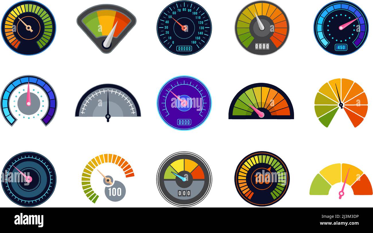Tachimetro impostato. Segnare l'indicatore di misurazione con frecce e segni. Indicatori del misuratore di velocità vettoriale Illustrazione Vettoriale
