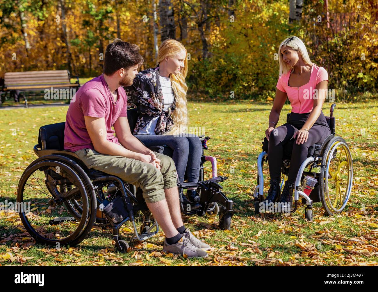 Gruppo di tre giovani paraplegici in carrozzina che visitano insieme in un parco in una bella giornata autunnale; Edmonton, Alberta, Canada Foto Stock