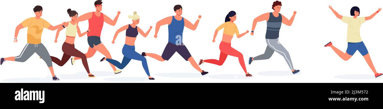 Fumetto runner. Persone in abbigliamento sportivo corsa e jogging, atletica sportiva uomini e donne su formazione di gruppo. Illustrazione vettoriale Illustrazione Vettoriale
