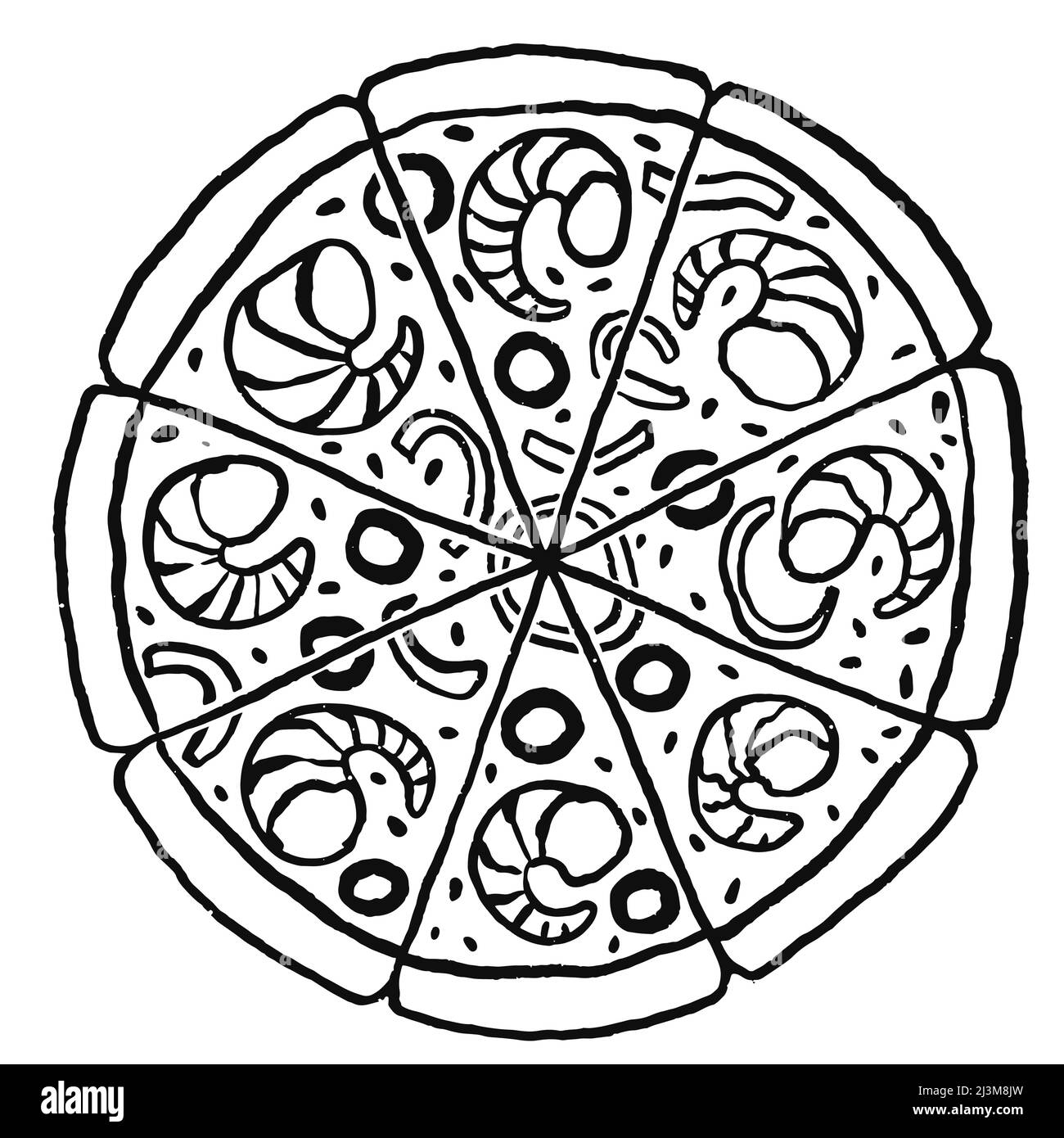 Pizza italiana di pesce vista dall'alto. Stile di schizzo disegnato a mano per la progettazione dei menu. Illustrazione del vettore Doodle Illustrazione Vettoriale