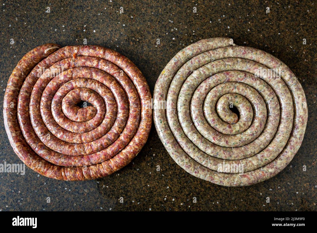 Guardando verso il basso su due bobine di salsiccia sulla superficie di quarzo; studio Foto Stock