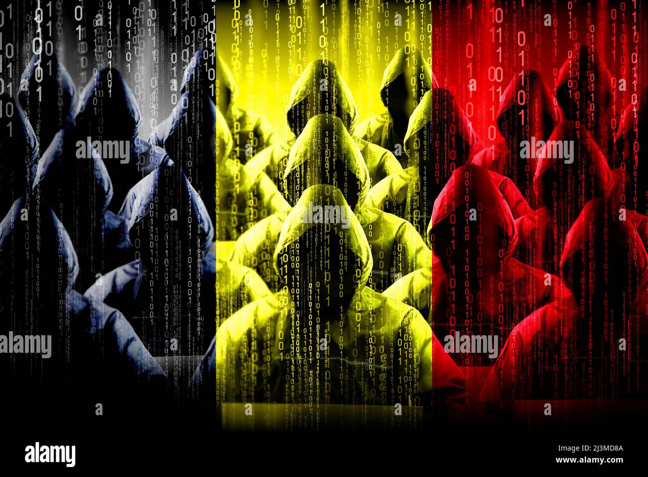Hacker anonimi attaccati, bandiera del Belgio, codice binario - concetto di cyber attacco Foto Stock