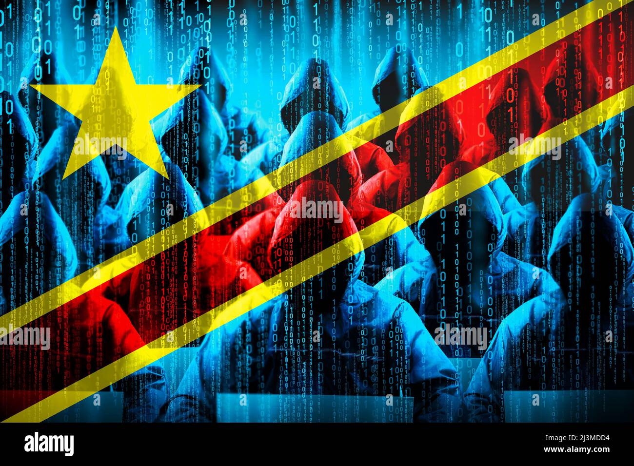Hacker anonimi attaccati, bandiera del Congo - Repubblica Democratica, codice binario - cyber attacco concetto Foto Stock