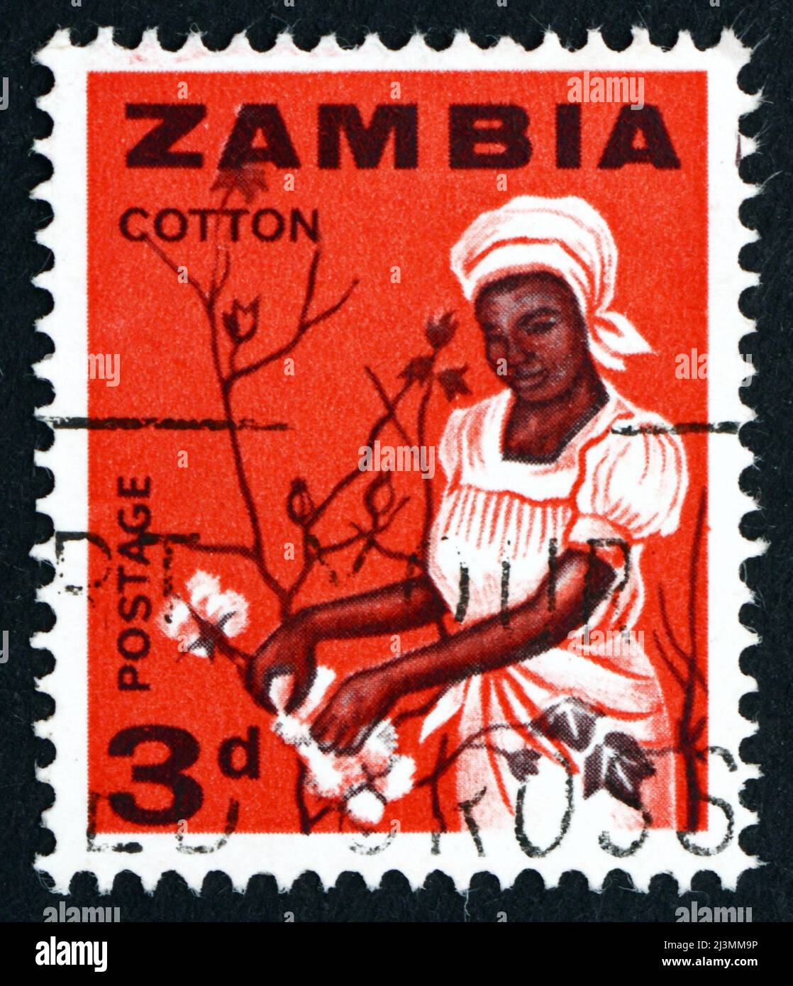 ZAMBIA - CIRCA 1964: Un francobollo stampato in Zambia mostra Woman Picking Cotton, circa 1964 Foto Stock