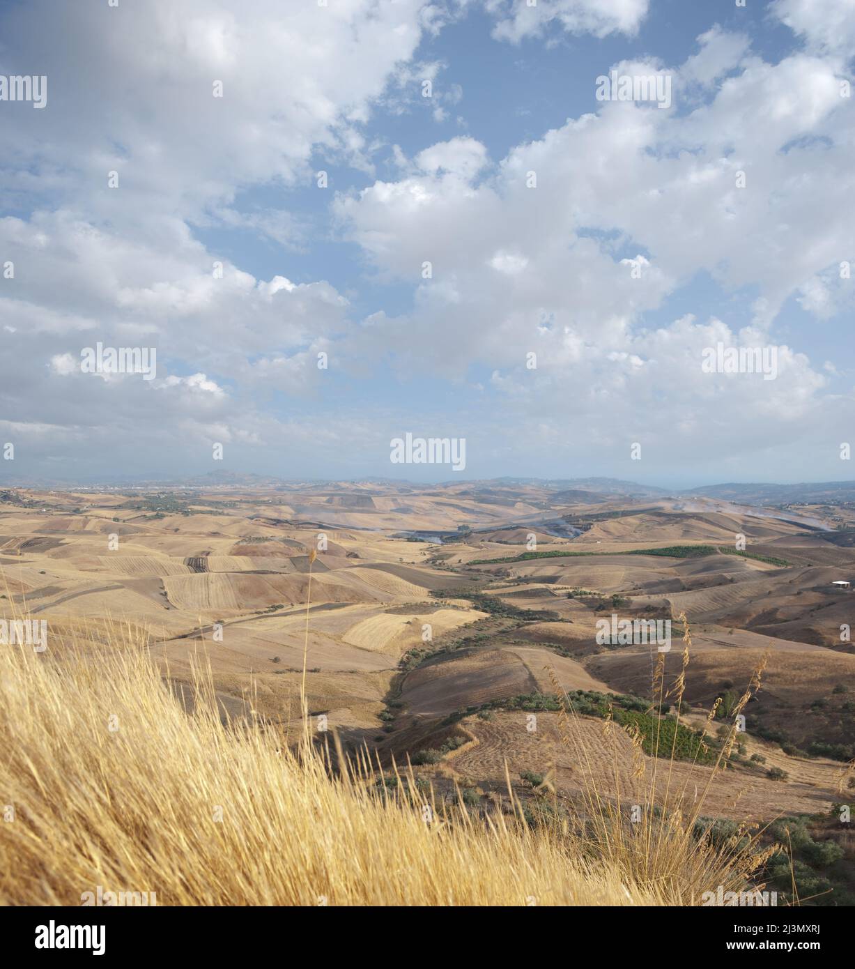 ampia vista dei terreni agricoli dorati nel siciliano a fine estate e nuvoloso all'orizzonte Foto Stock