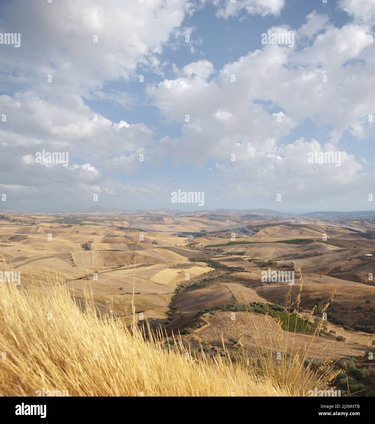 ampia vista dei terreni agricoli dorati nel siciliano a fine estate e nuvoloso all'orizzonte Foto Stock