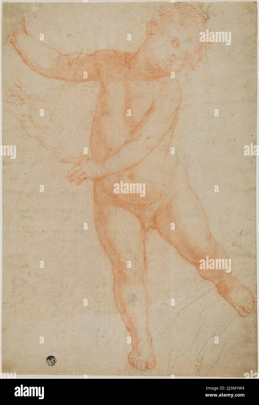 Putto posato sulla gamba destra (retto); schizzo di un braccio drappeggiato (verso), 1575/1600. Foto Stock