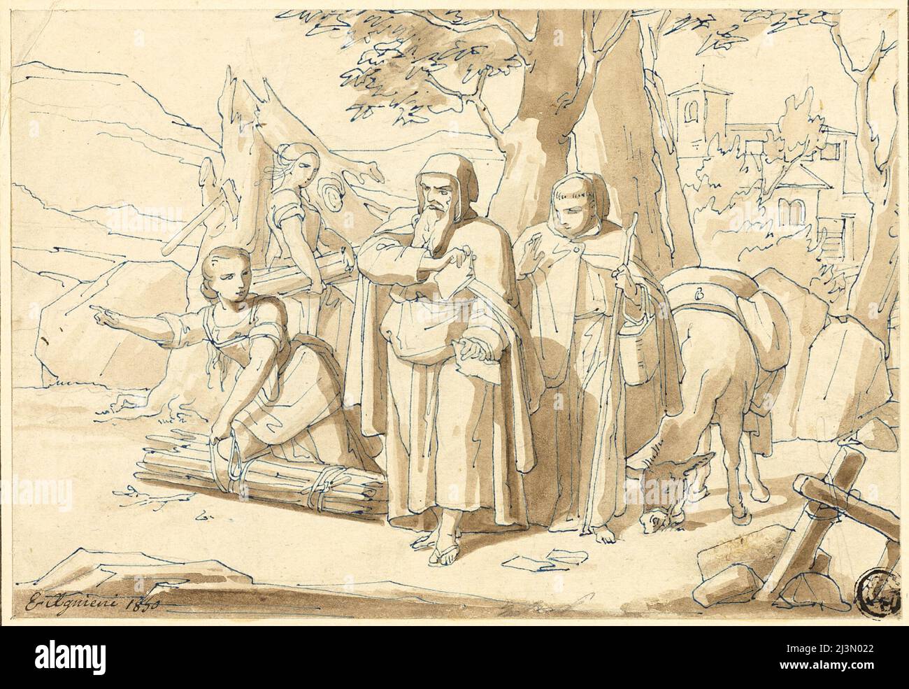 Donna contadina che dà indicazioni per i monaci, 1850. Foto Stock