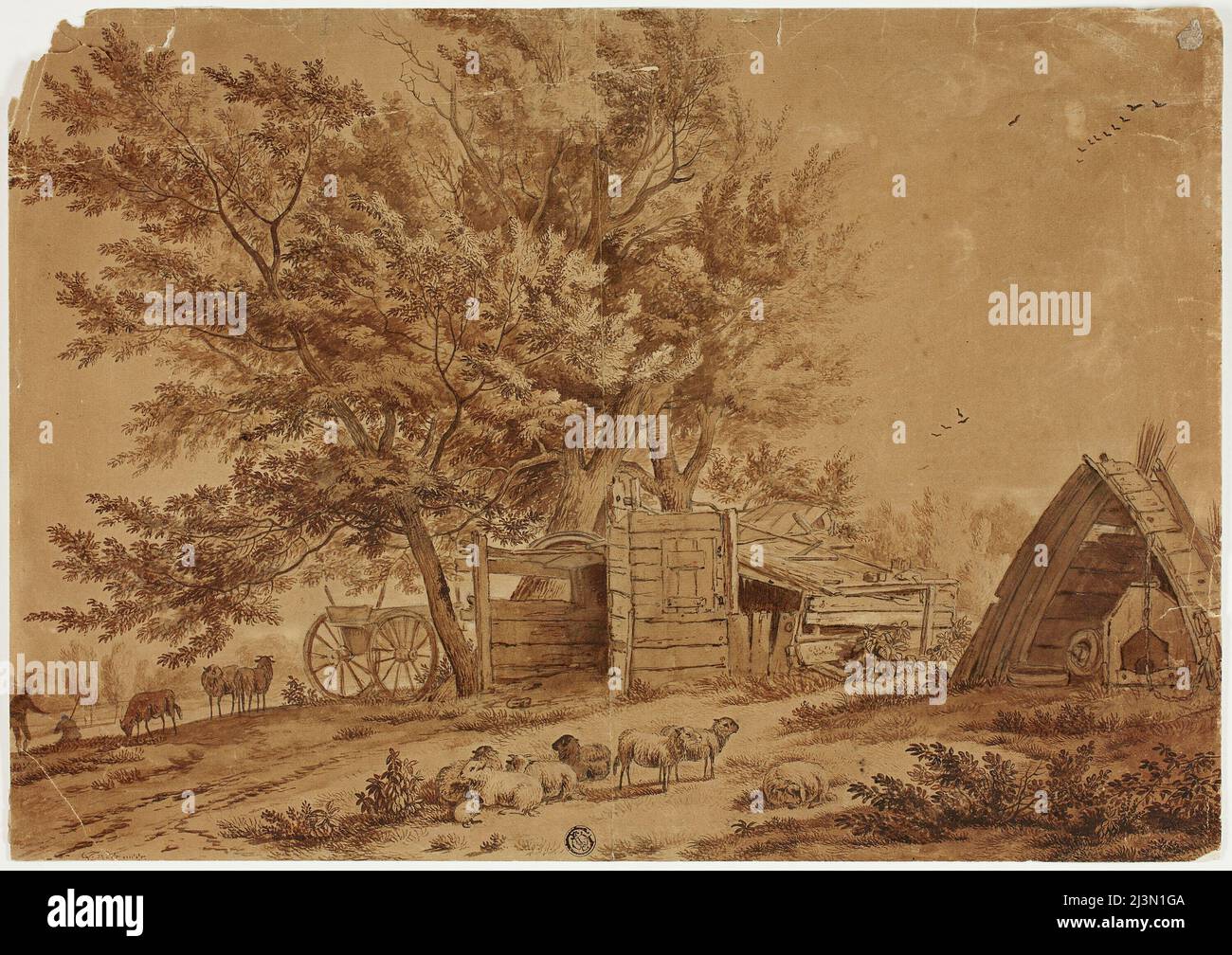 Scena rustica con pecore, scudetti, e alberi di diffusione, n.d. Foto Stock