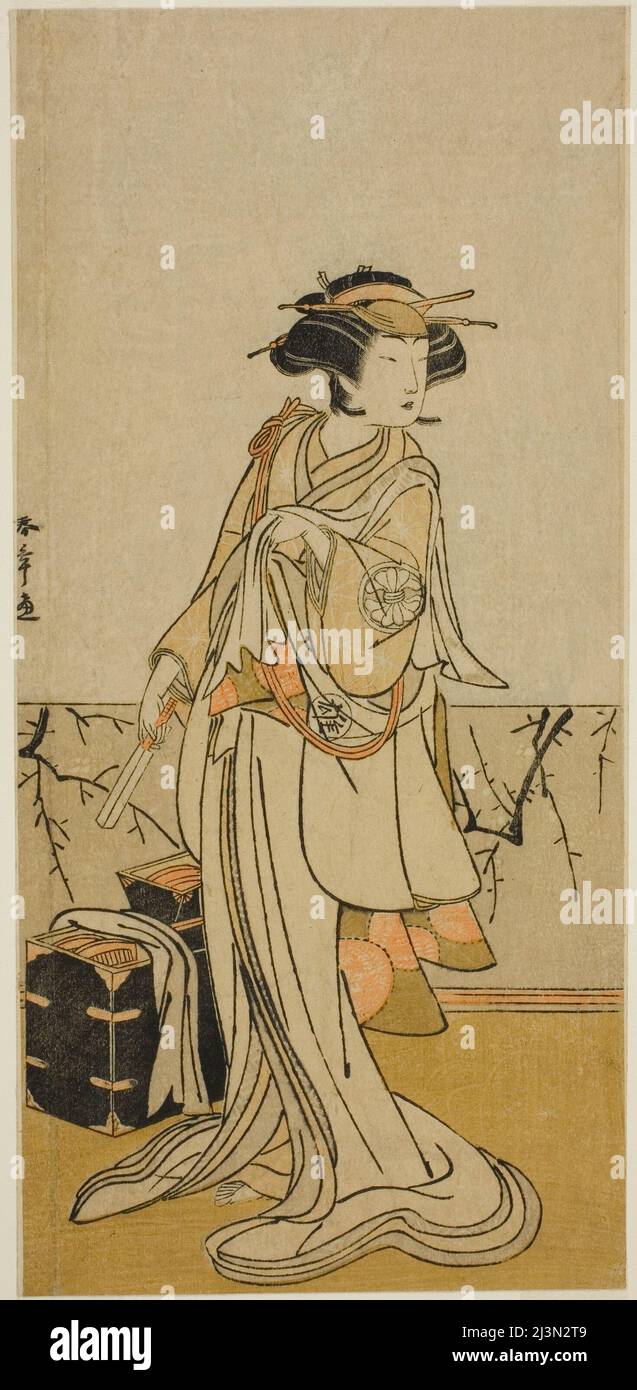 L'attore Segawa Yujiro i come Osai, una donna Hairdresser, nella rappresentazione Kamuri Kotoba Soga no Yukari, ha suonato al teatro di Ichimura nel primo mese, 1776, Giappone, c.. 1776. Foto Stock