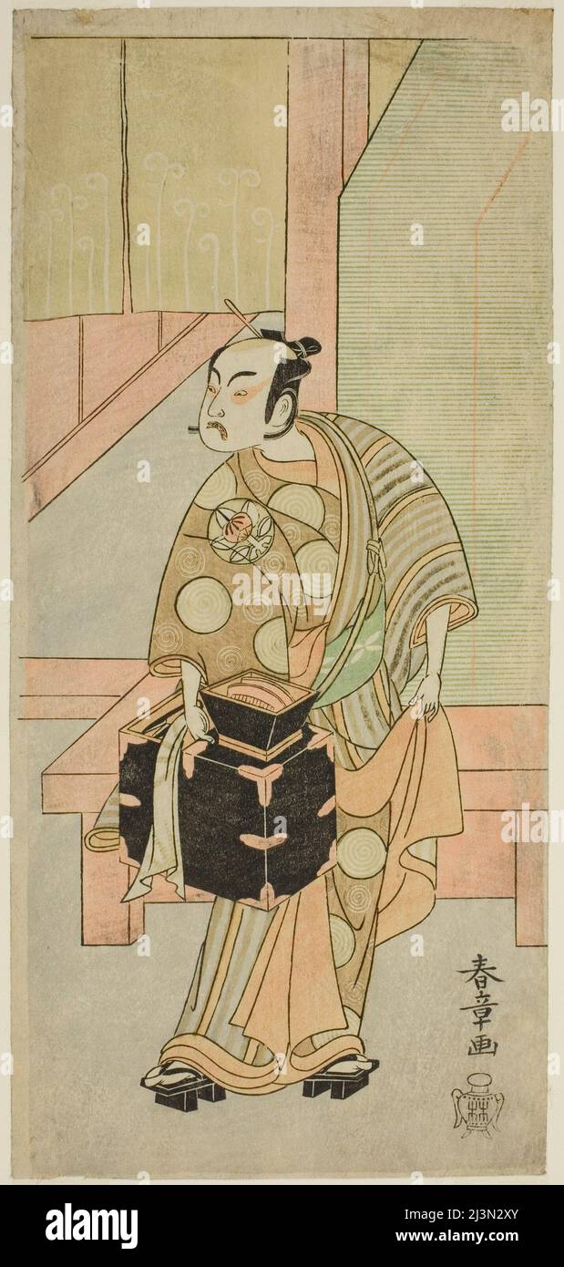 L'attore Ichimura Uzaemon IX come l'Hairdresser Komagata Ikkaku nella Play Fuji no Yuki Kaikei Soga, ha suonato al Teatro Ichimura nel primo mese del 1770, Giappone, c.. 1770. Foto Stock