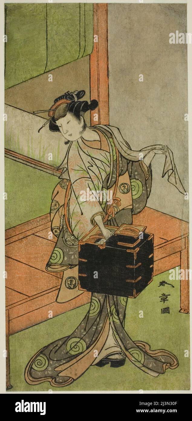 L'attore Yamashita Kinsaku II come Miyagino travestito come un Hairdresser nel gioco Kosode-gura no Tekubari, ha eseguito al Teatro Morita nel secondo mese, 1772 (?), Giappone, c.. 1772. Foto Stock