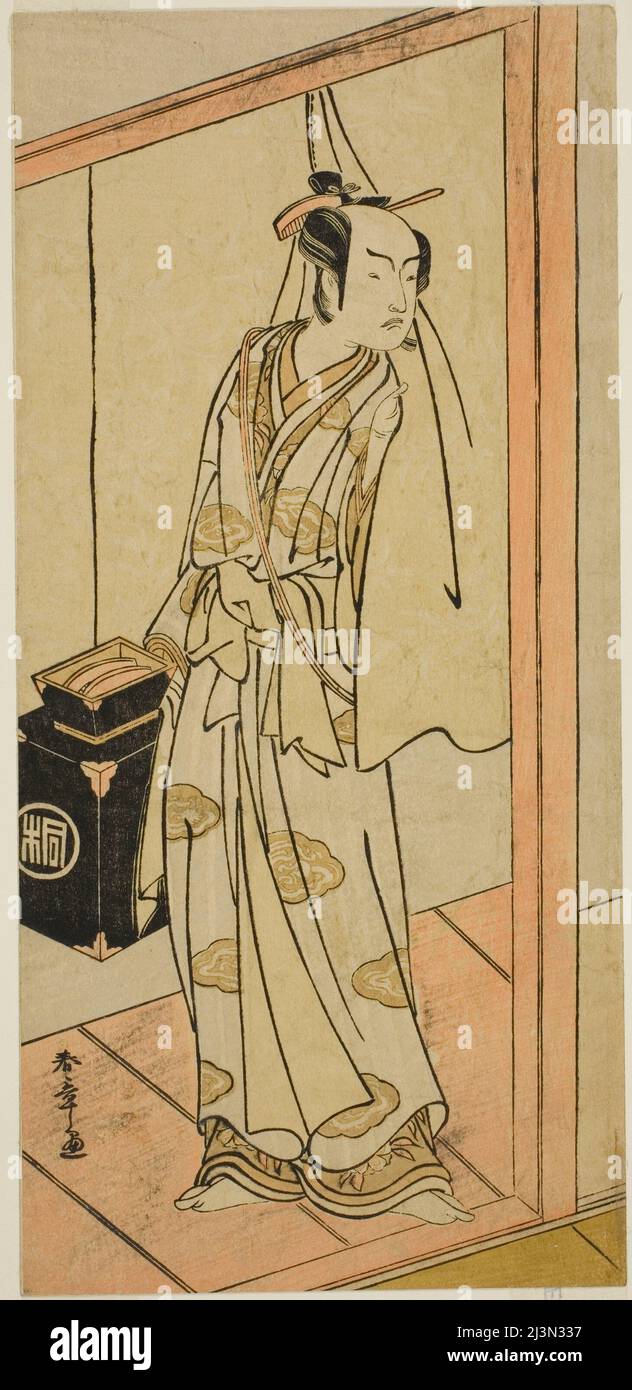 L'attore Arashi Sangoro II come l'Hairdresser Obana Saizaburo nella rappresentazione Koi Musume Mukashi Hachijo, ha suonato al Teatro Nakamura nel terzo mese, 1776, Giappone, c.. 1776. Foto Stock