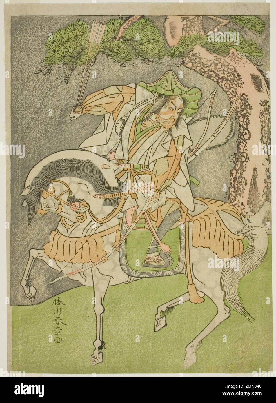 L'attore Matsumoto Koshiro II come Kagekiyo travestito come Omi Yawatanosuke nella riproduzione Haru wa Soga Akebono-zoshi, ha eseguito al Teatro Nakamura nel primo mese, 1772, Giappone, c.. 1772. Foto Stock