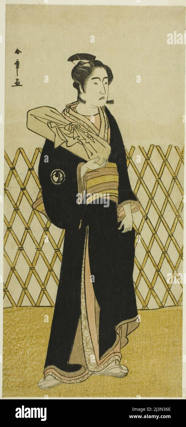 L'attore Sawamura Sojuro III come l'Hairdresser Jirokichi nella rappresentazione Shida Choja-bashira, ha eseguito al teatro di Nakamura nell'ottavo mese, 1781, Giappone, c. 1781. Foto Stock