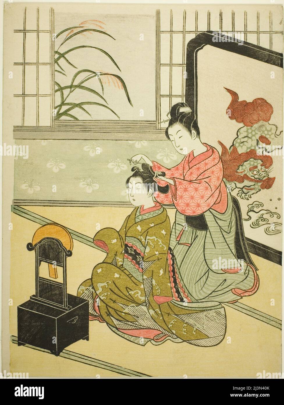Autunno Luna nello specchio (Kyodai no shugetsu), dalla serie "otto viste del salotto (Zashiki hakkei)", c. 1766. Foto Stock