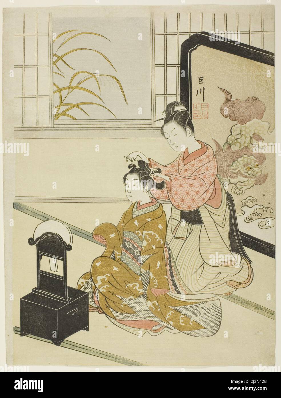 La Luna d'autunno nello specchio (Kyodai no shugetsu), dalla serie "otto viste del salotto (Zashiki hakkei)", c.. 1766. Foto Stock