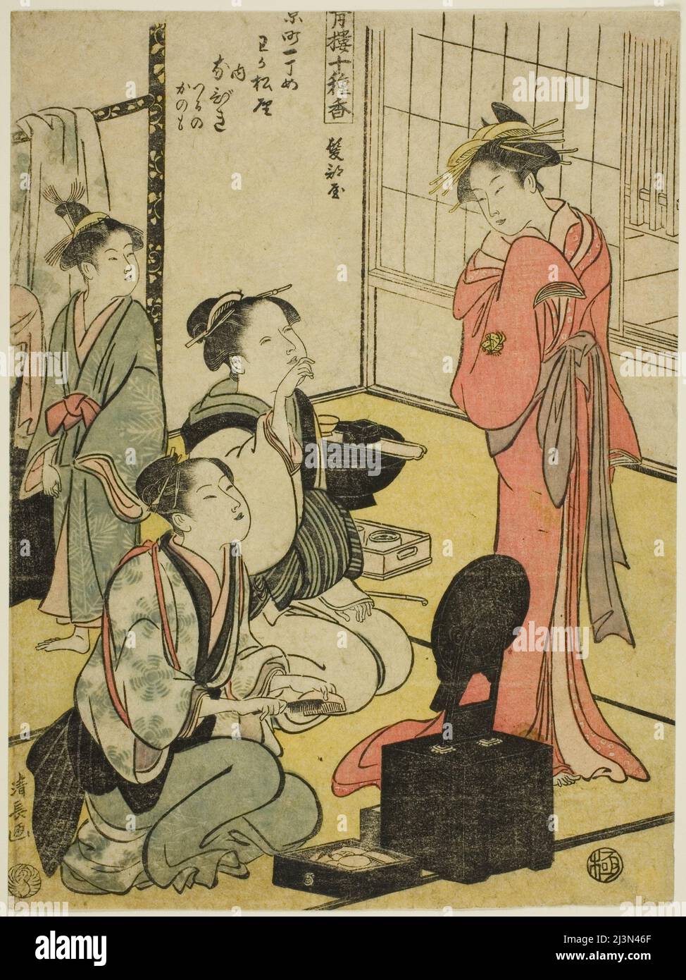 Camera per parrucchieri (Kamibeya), dalla serie "dieci tipi di incenso nei quartieri per il piacere (Seiro jisshu ko)", c.. 1793/94. Foto Stock