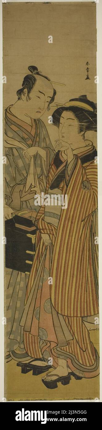 Gli attori Segawa Kikunojo III come Okoma (a destra), e Arashi Sangoro III come l'Hairdresser Obana Saizaburo (a sinistra), nella Play Koi Musume Mukashi Hachijo, hanno suonato al Teatro Nakamura nel terzo mese, 1776, Giappone, c.. 1776. Foto Stock