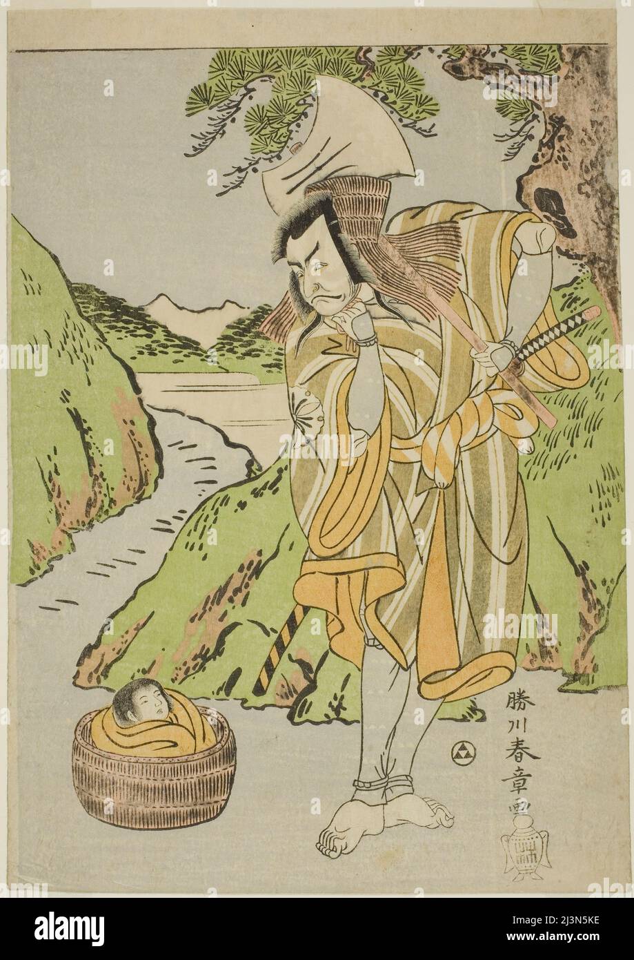 L'attore Matsumoto Koshiro II come Osada no Taro Kagemune travestito come il Woodcutter Gankutsu no Gorozo, in atto quattro (?) Della rappresentazione Nue no Mori Ichiyo no Mato (Foresta del mostro Nue: Obiettivo dell'undicesimo mese), eseguito al Teatro Nakamura dal primo giorno dell'undicesimo mese, 1770, Giappone, c. 1770. Foto Stock