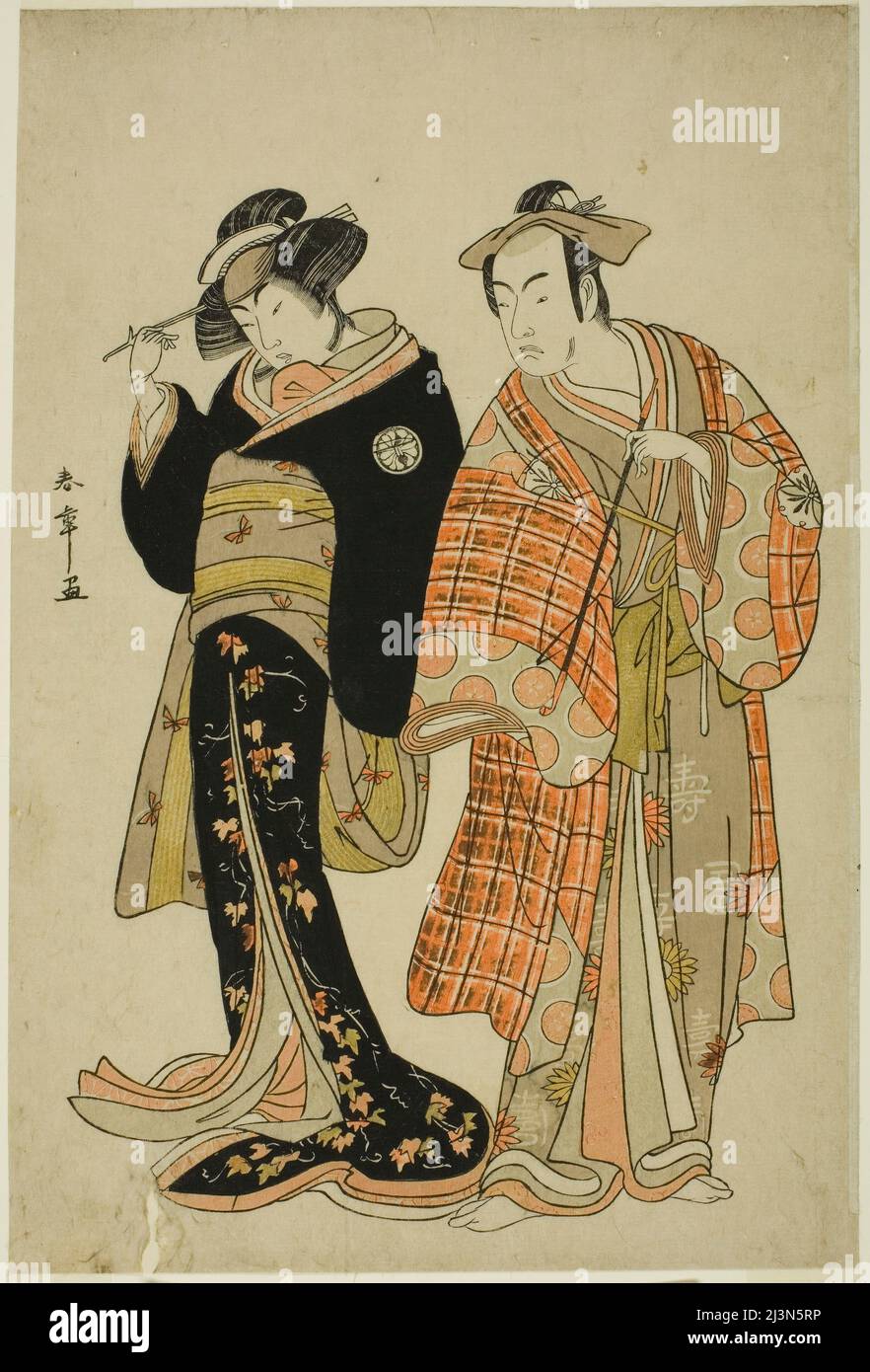 Gli attori Matsumoto Koshiro IV e Segawa Kikunojo III come gli amanti Choemon (a destra) e Ohan (a sinistra), nella scena di Elopement "Michiyuki Segawa no Adanami" (un Elopement: Onde infide nel fiume poco profondo), una danza Interlude dalla parte due del gioco Kabuki no Hana Fiore di Banduki: La Soga Eterna), suonata al Teatro Ichimura dal venticinquesimo giorno del quarto mese, 1781, Giappone, c.. 1781. Foto Stock