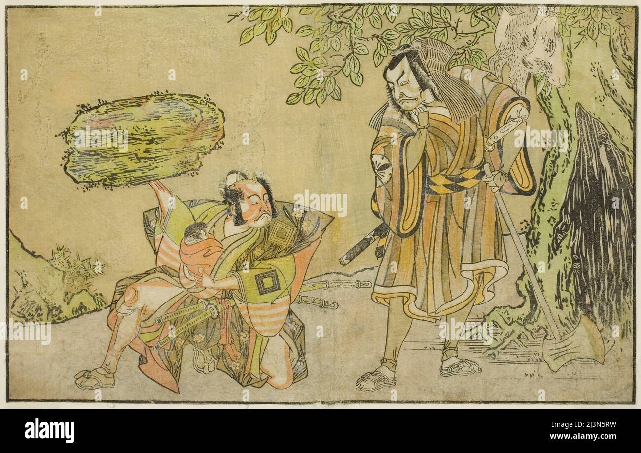 Gli attori Matsumoto Koshiro II come Osada no Taro Kagemune travestiti come il Woodcutter Gankutsu no Gorozo (a destra), e Ichikawa Danzo III come i no Hayata Tadazumi (a sinistra), nella Play Nue no Mori Ichiyo no Mato, hanno suonato al Teatro Nakamura nell'undicesimo mese del 1770, in Giappone, c. 1772. Foto Stock