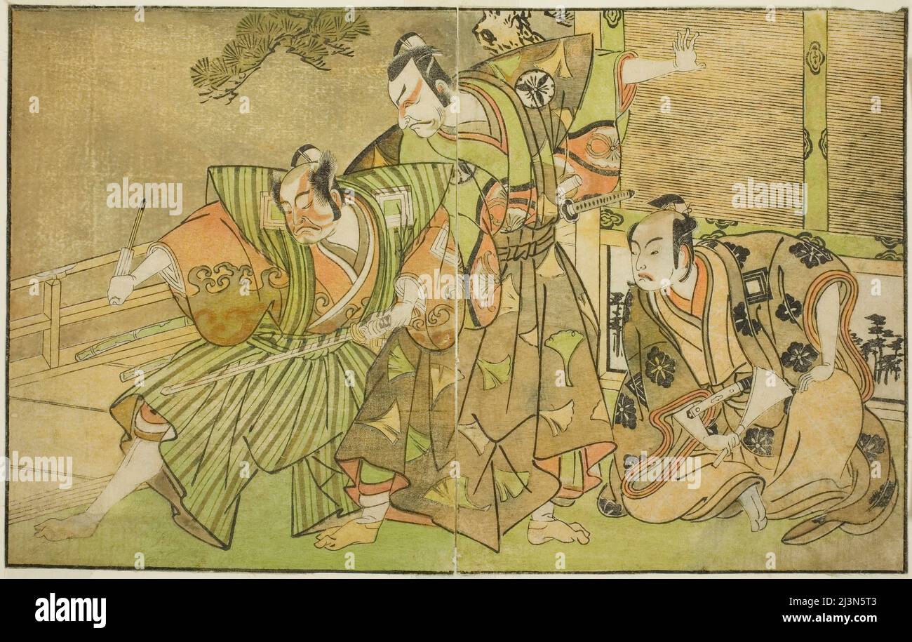 Gli attori Ichikawa Komazo II come Minamoto no Yorimasa (a destra), Matsumoto Koshiro II come Osada no Taro Kagemune travestiti come Yatsurugi Zaemon (centro), E Ichikawa Danzo III come i no Hayata Tadazumi (a sinistra), nella Play Nue no Mori Ichiyo no Mato, ha suonato al Teatro Nakamura nell'undicesimo mese del 1770, Giappone, c.. 1772. Foto Stock
